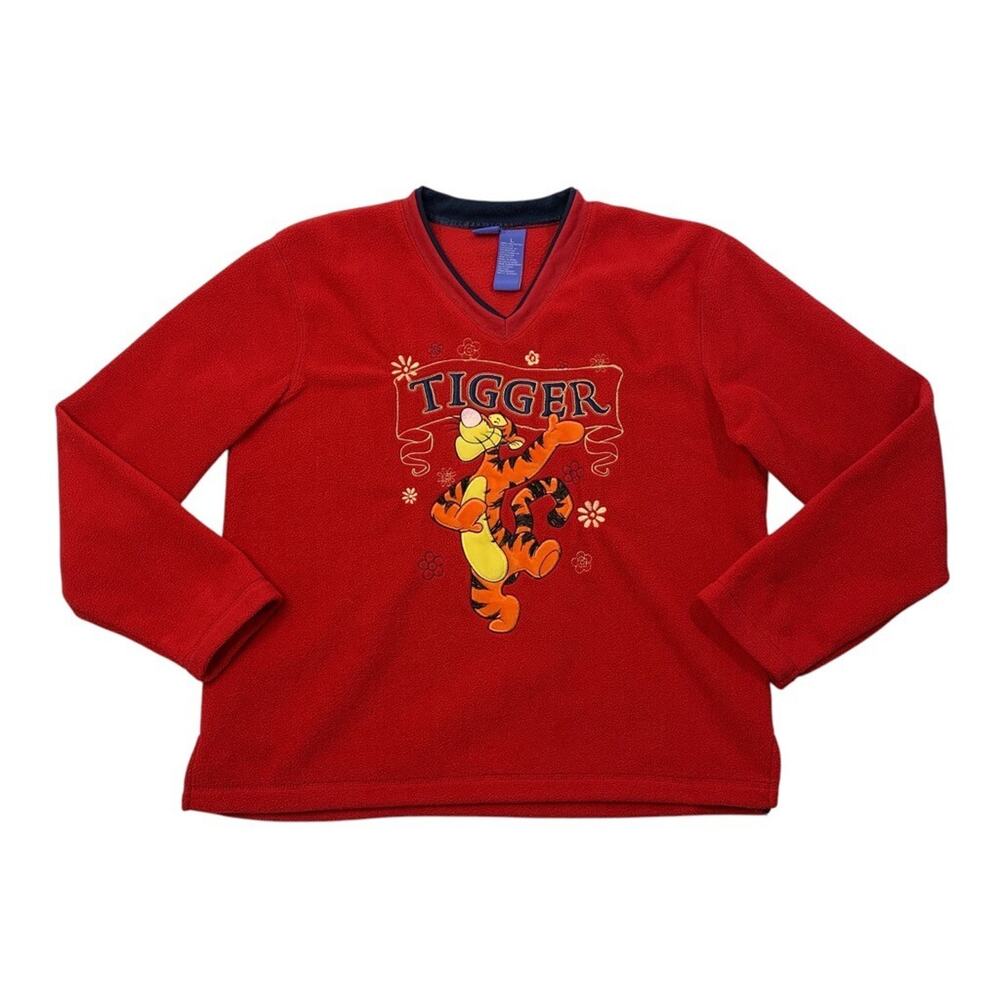 Vintage Disney Fleece Adult L Large Red Winnie the Pooh Tigger V Neck Pullover